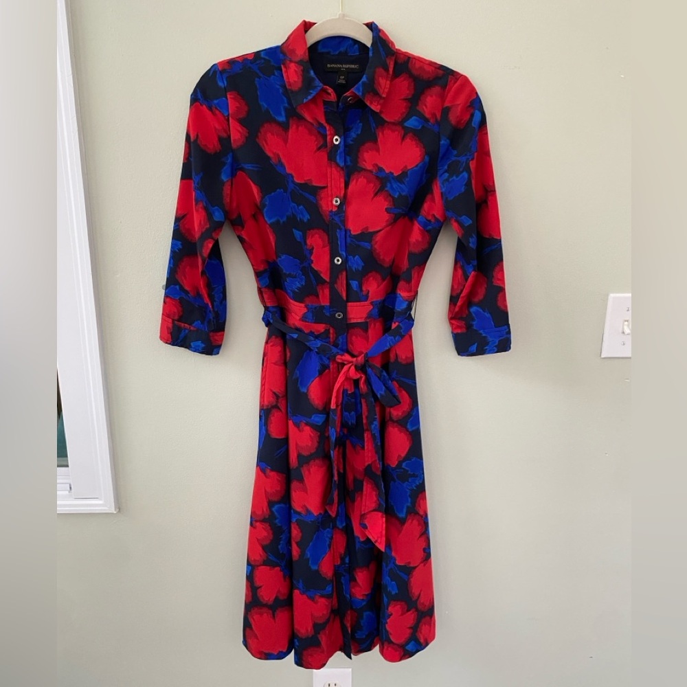 ❌SOLD❌BANANA REPUBLIC 0P ABSTRACT FLORAL PRINT SHIRT DRESS BUTTON DOWN TIE WAIST